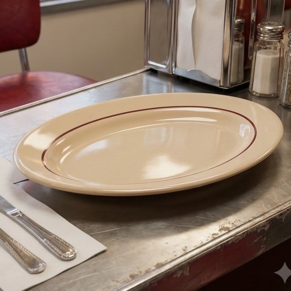 Shenango China Rim Rcl Wel Roc Oval Platter Tan Maroon Restaurant Ware 9.5in